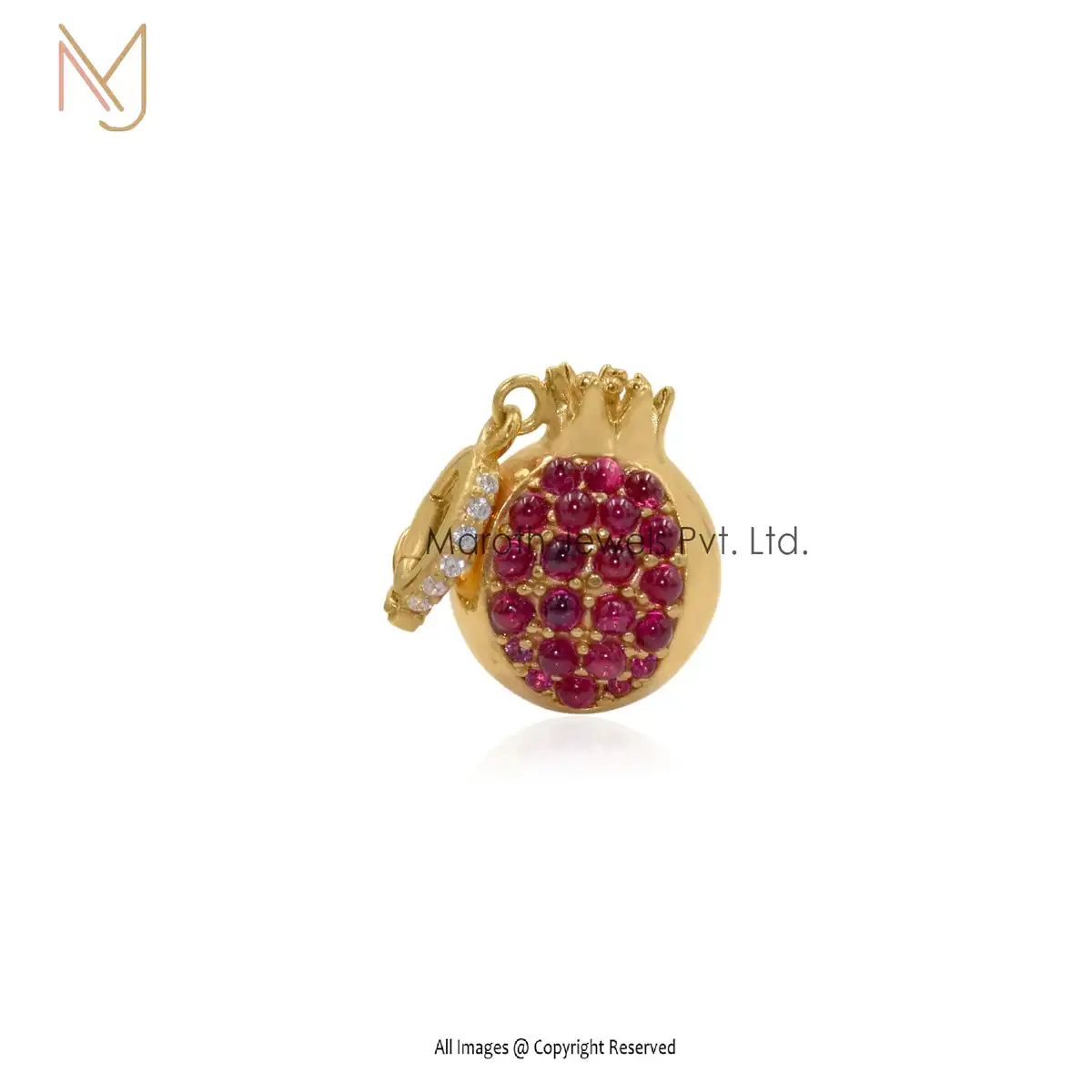 Private Lable 14K Yellow Gold Garnet Cubic Zircoina Pomegranate Pendant Jewery