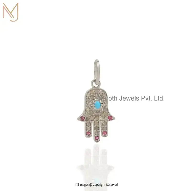 925 Silver Yellow Gold Plated Cubic Zircon & Turquoise And Ruby Humsa Hand Pendant Jewelry Supplier