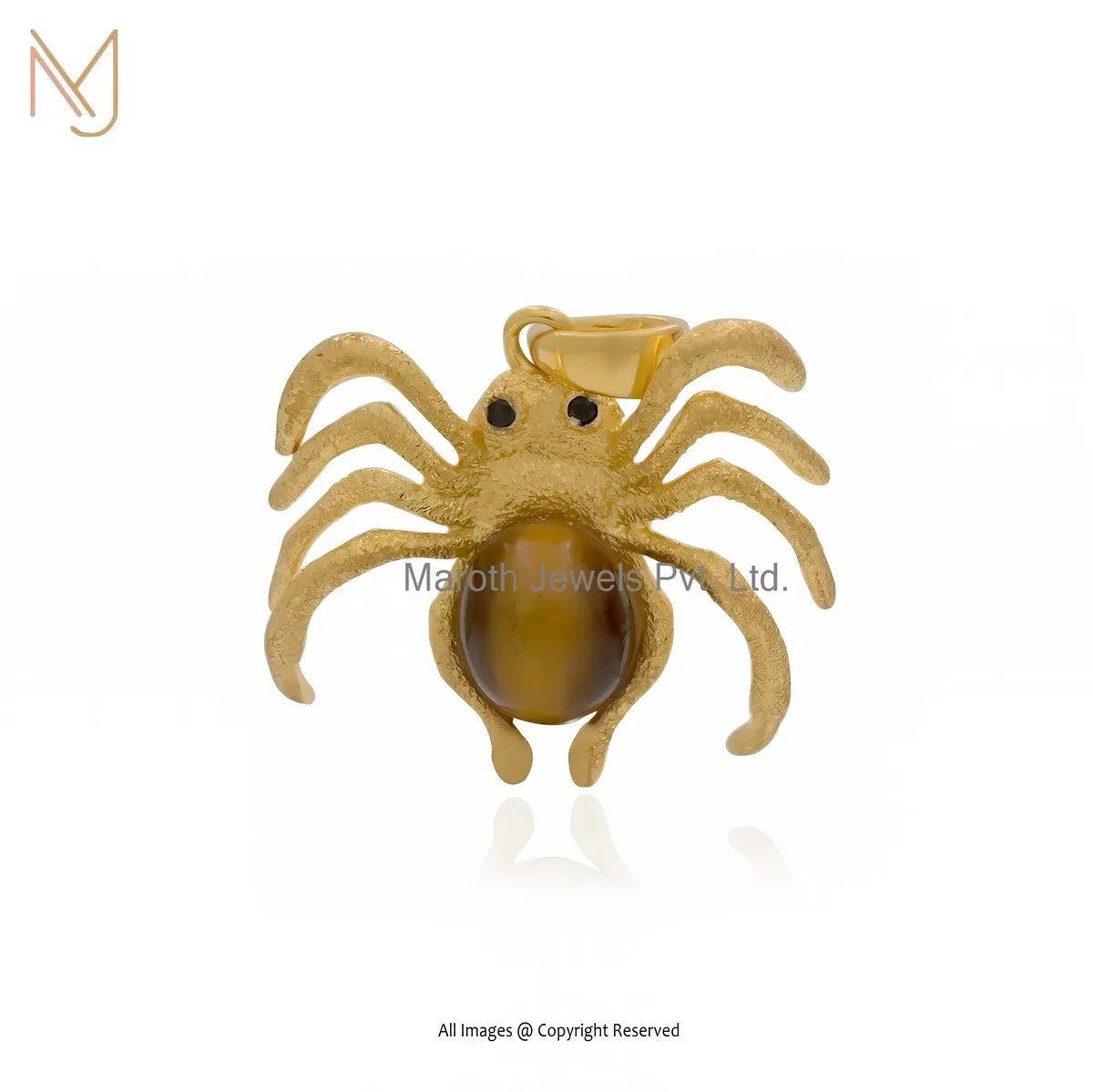 Private Lable 925 Silver Yellow Gold Plated Tiger Eye & Black Cubic Zircon Spider Pendant