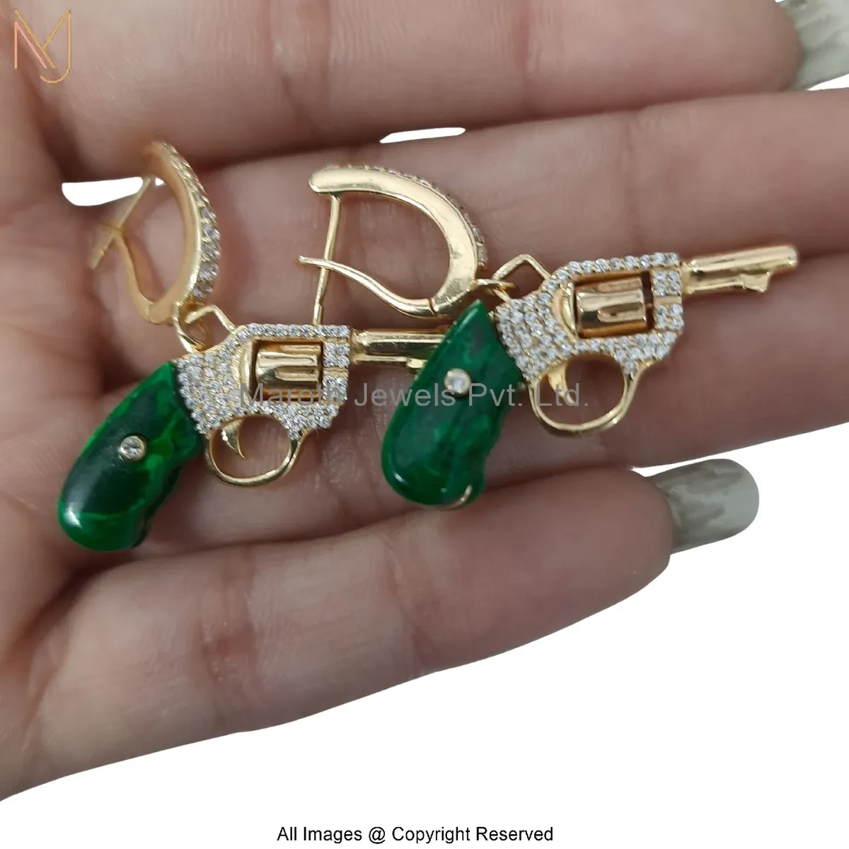 Wholesale 14K Yellow Gold Cubic Zircon Diamond Revolver-Shaped Gun Dangle Earrings