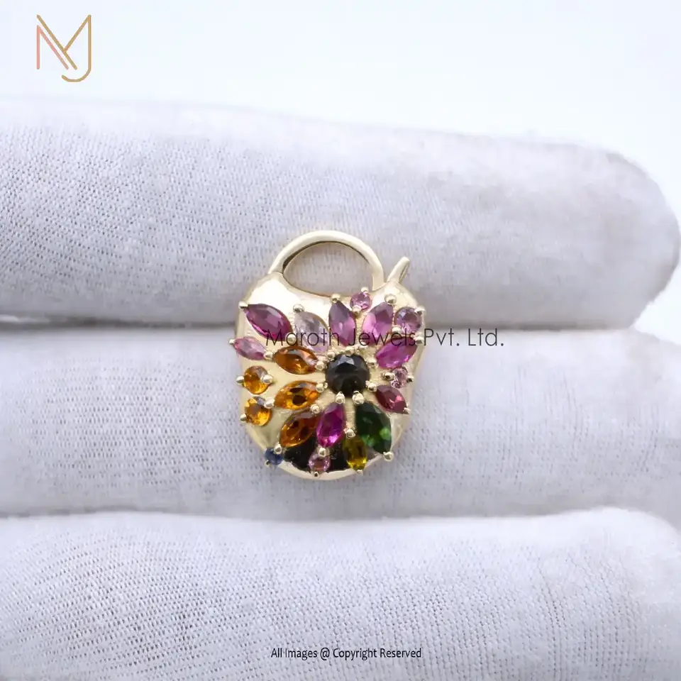 14K Yellow Gold Multi Tourmaline Gemstone Padlock Handmade Jewelry Manufacturer