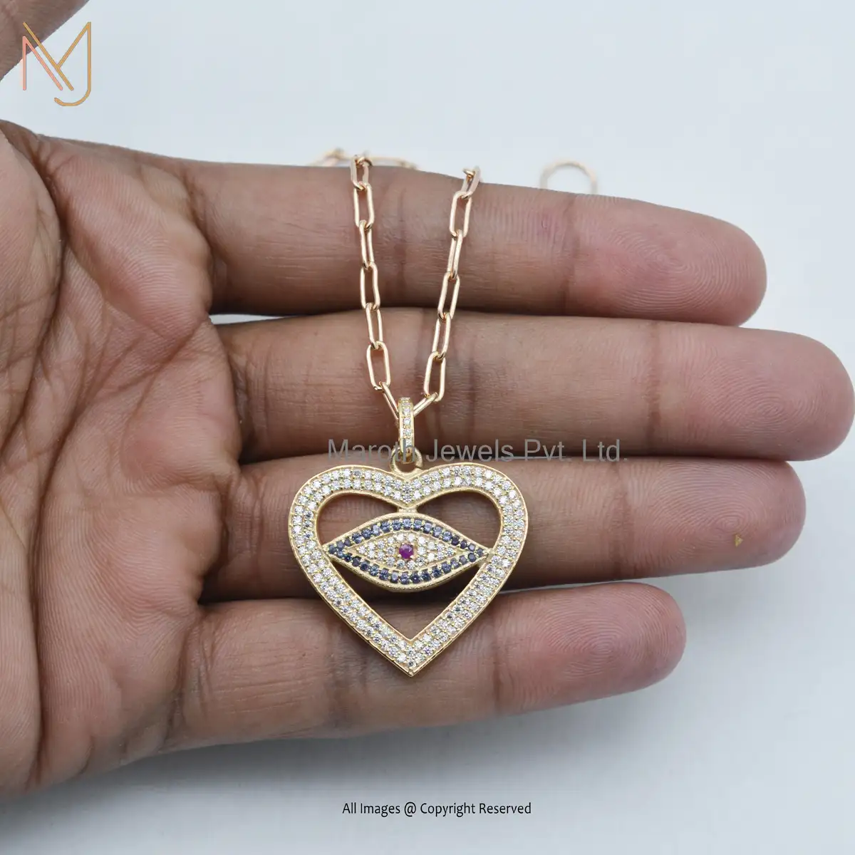 14K Yellow Gold Cubic Zircon & Evil Eye Heart Desgin Pendant Custom Jewelry