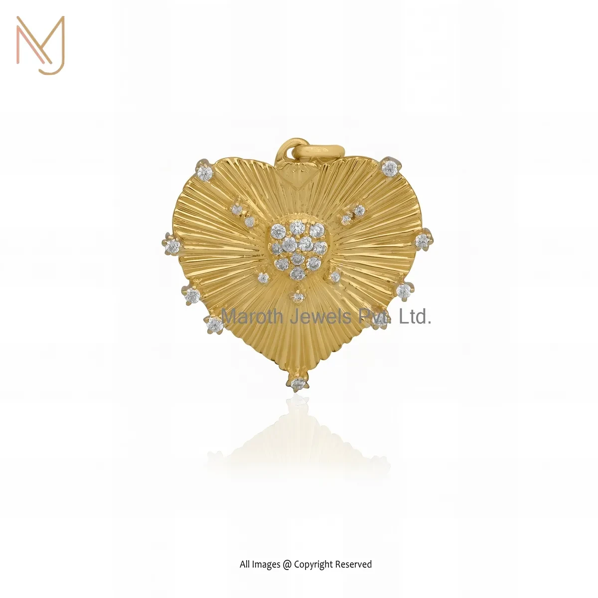 925 Silver Yellow Gold Plated Diamond & Cubic Zircon Fluted Heart Pendant USA