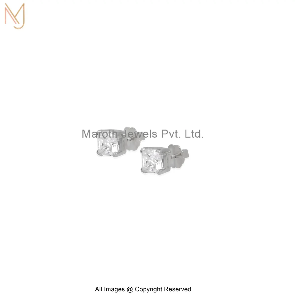 14K White Gold Square-Cut Diamond Stud Earring Jewelry Supplier