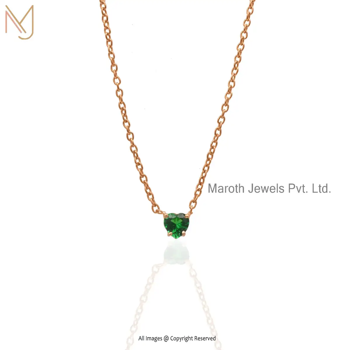 Private Label 14k Yellow Gold Synthetic Emerald Heart Shape Necklace