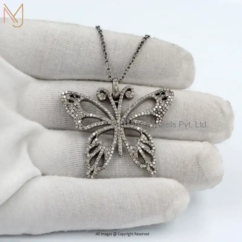 925 Silver Black Rhodium Plated Diamond Butterfly Pendant Custom Jewelry