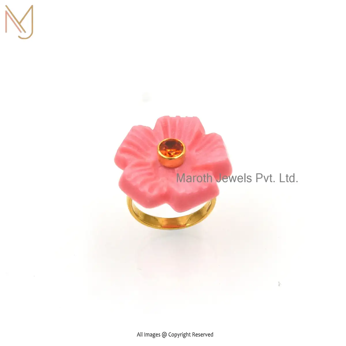 Wholesale 925 silver Yellow Gold Pink Onyx Pink Opal Cubic Zircon Flower Ring