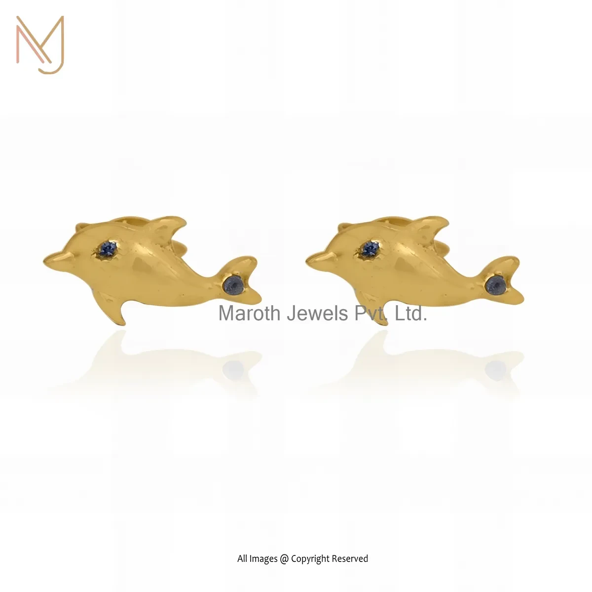 14K Yellow Gold Cubic Zircon Dolphin Stud Earring Custom Jewelry