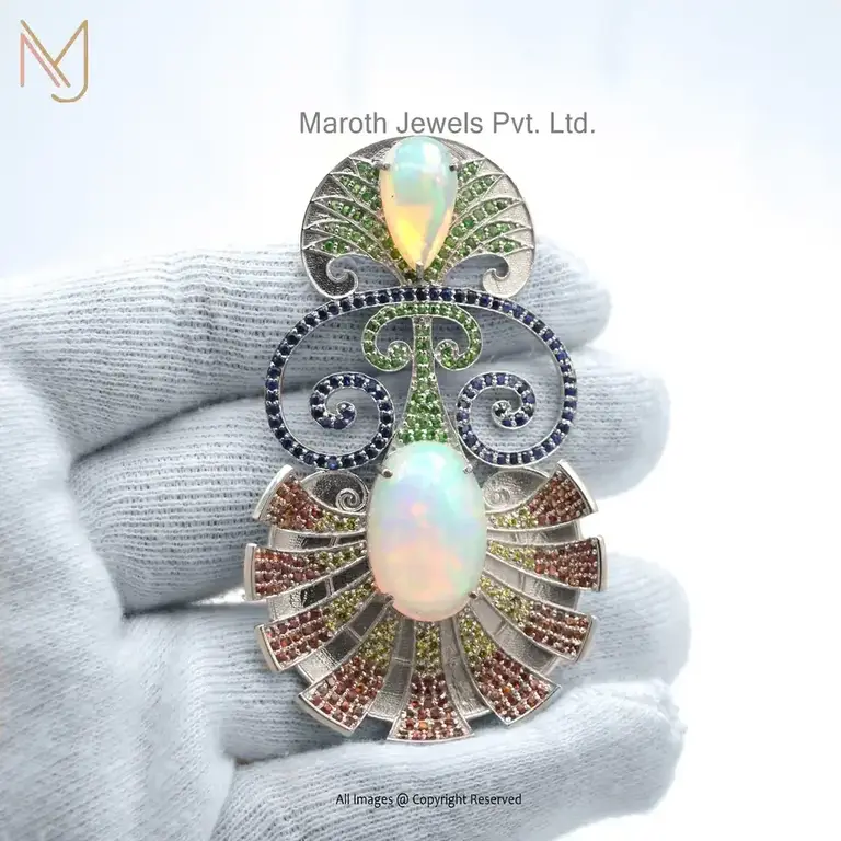 14K Yellow Gold Multi Gemstone And Tsavorite & Opal Scallop Shell Pendant USA