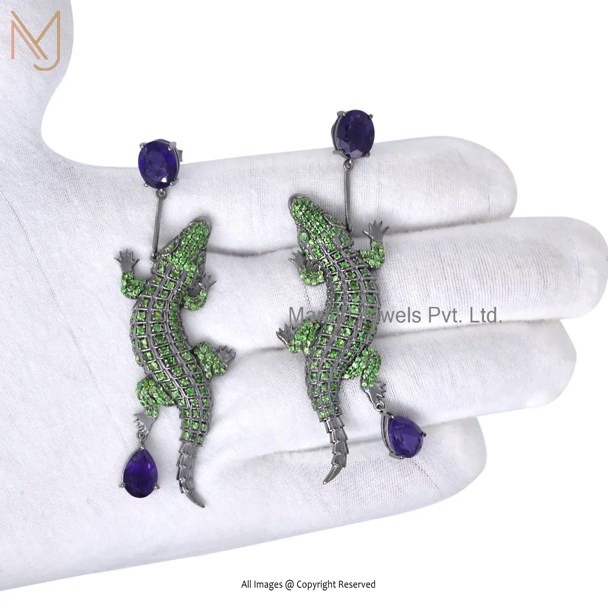 14K Yellow Gold Diamond , Tsavorite , Amethyst , Crocodile Drop Earring Custom Jewelry