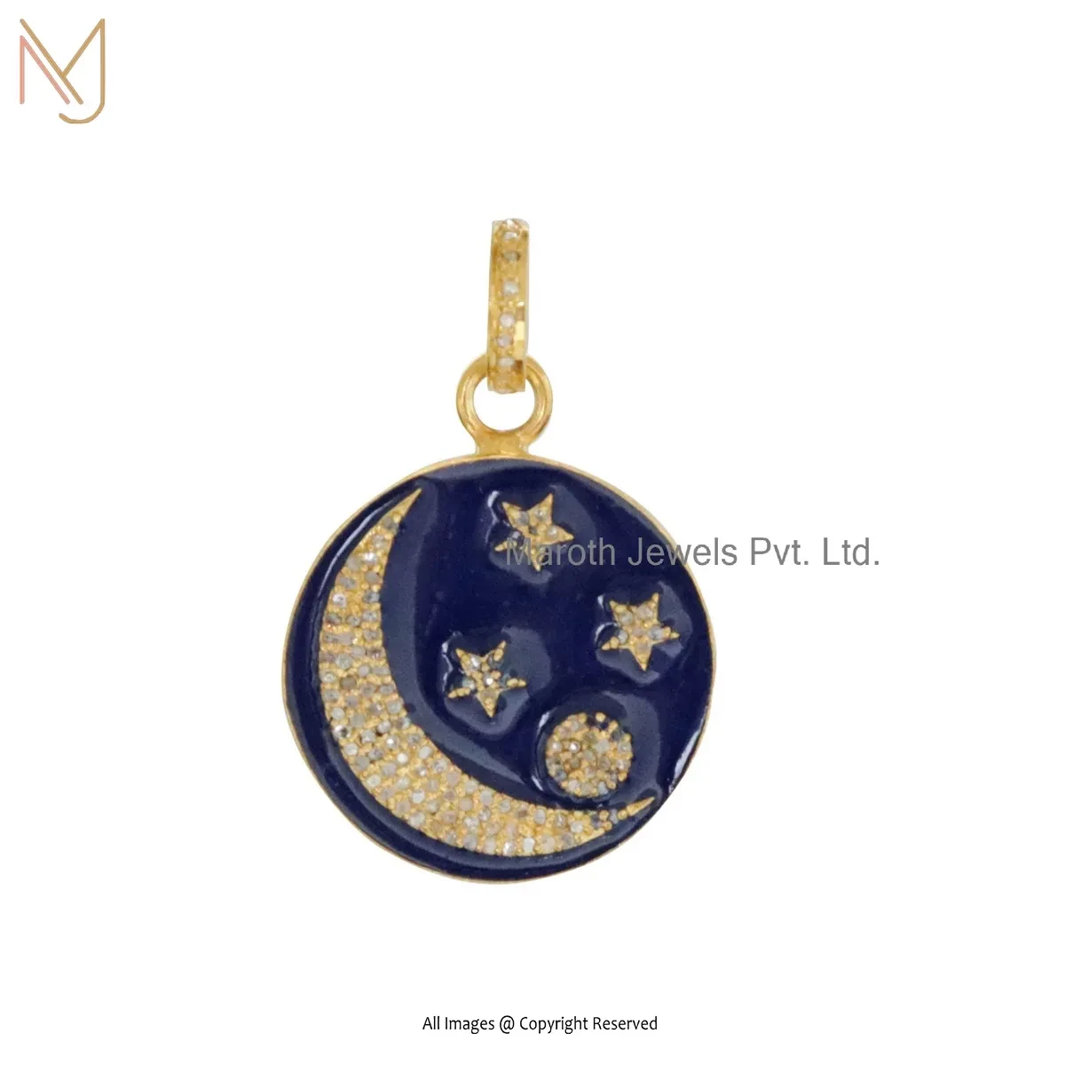 Wholesale 925 Silver Yellow Gold Plated Pave Diamond Enamel Crescent Moon Star Pendant