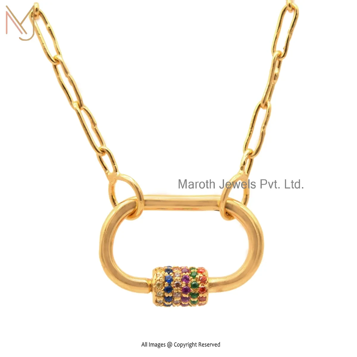 Private Lable 14K Yellow Gold Multi Sapphire Handmade Chain Carabiner Lock