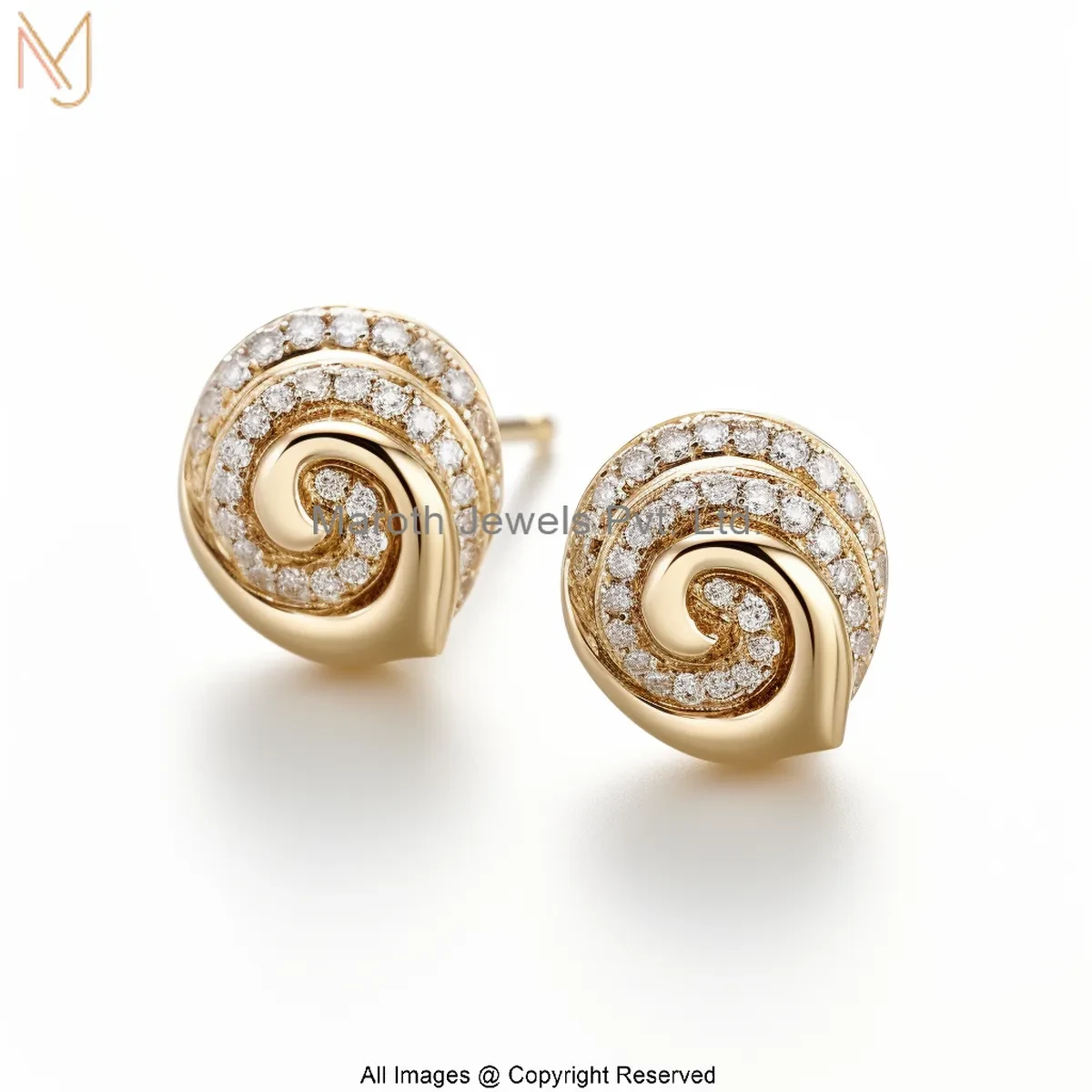 14K Yellow Gold Moissanite Royal Diamond Spiral Stud Earrings Custom Jewelry
