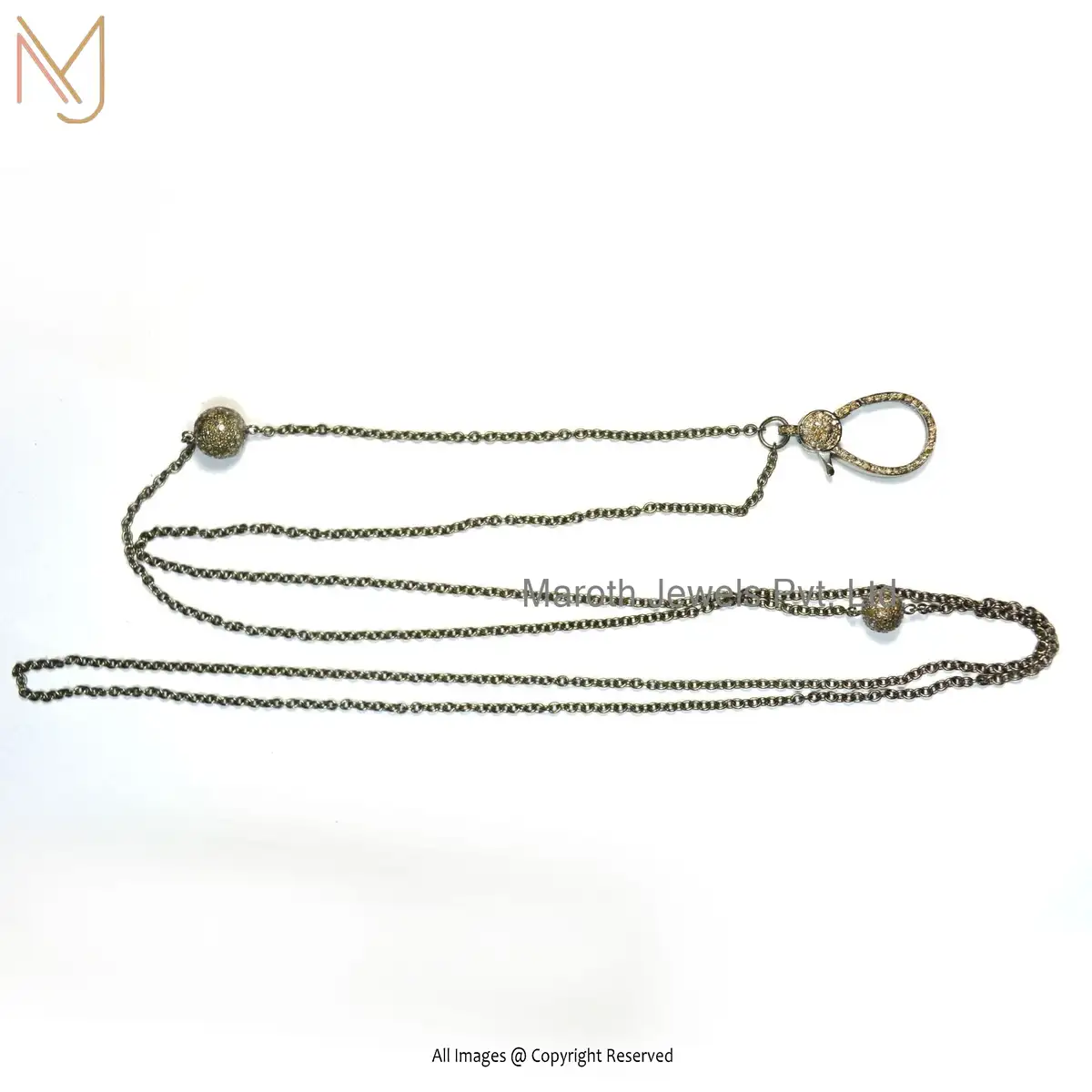 925 Sterling Silver Rhodium Pave Diamond Lobster Lock Bead Chain Necklace Manufacturer