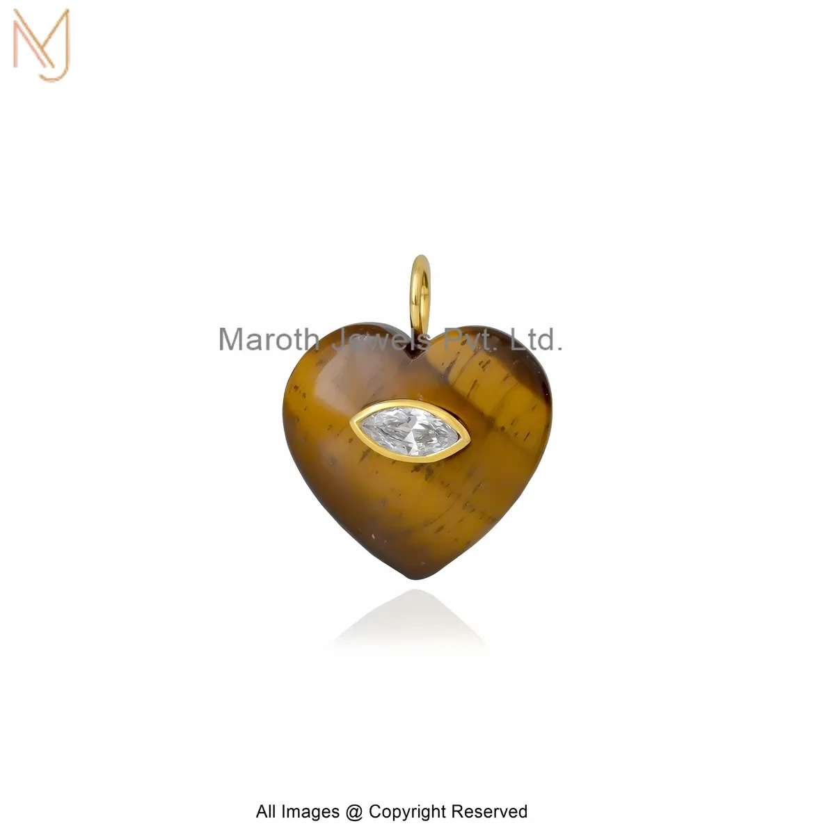 925 Silver Yellow Gold Plated White Topaz Tiger Eye Heart Pendant Jewelry Supplier