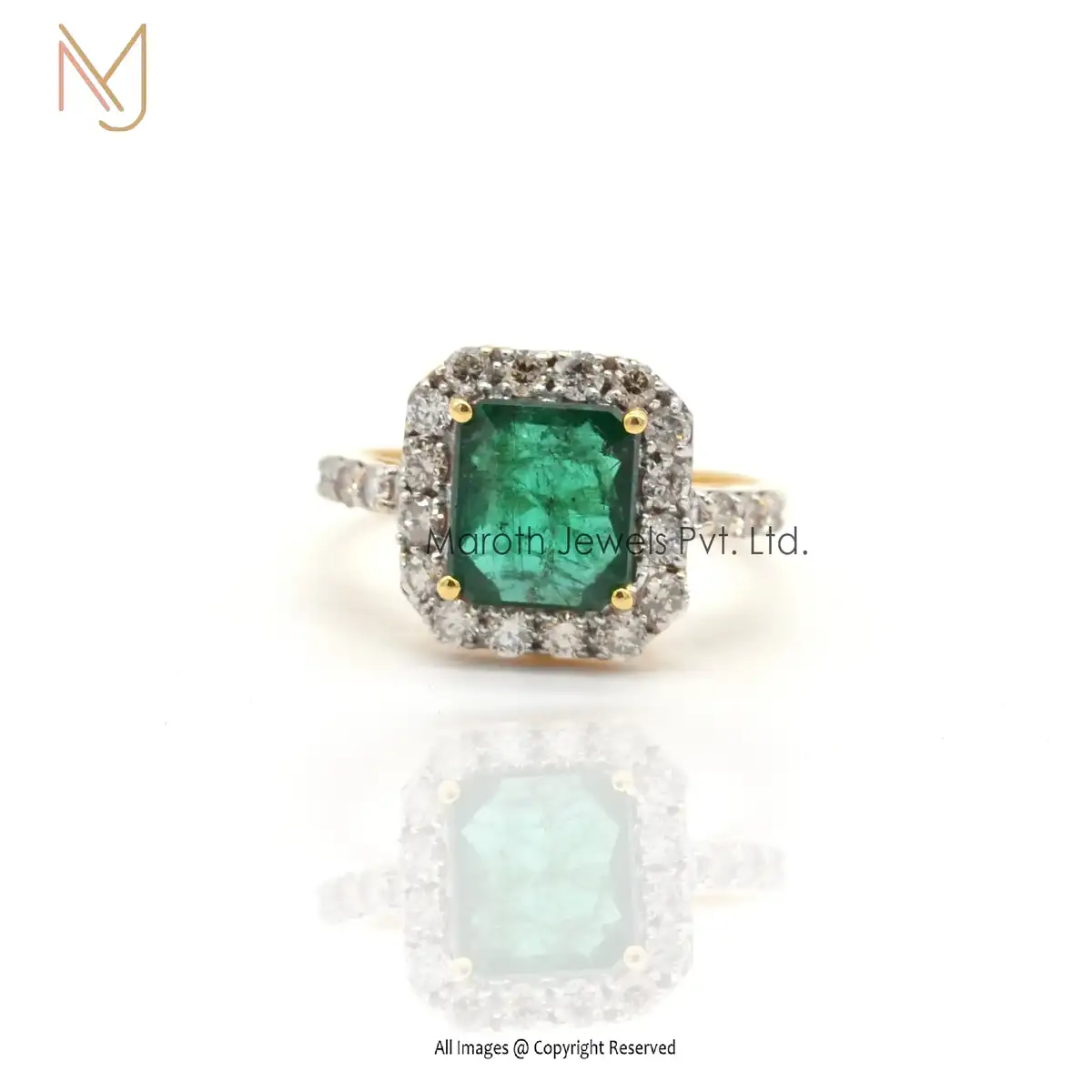 14K Yellow Gold Pave Diamond Emerald Gemstone Ring Jewelry Manufacturer