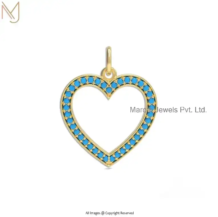 Private Lable 14K Yellow Gold Turquoise Gemstone Heart Charm Pendant Jewelry