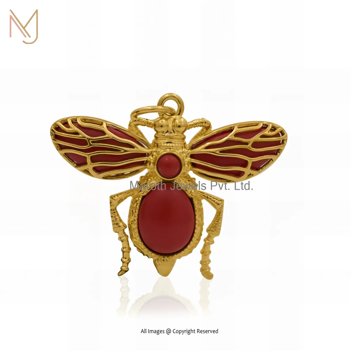 Wholesale 925 Sterling Silver Yellow Gold Plated Red Coral Gemstone Honey Bee Pendant