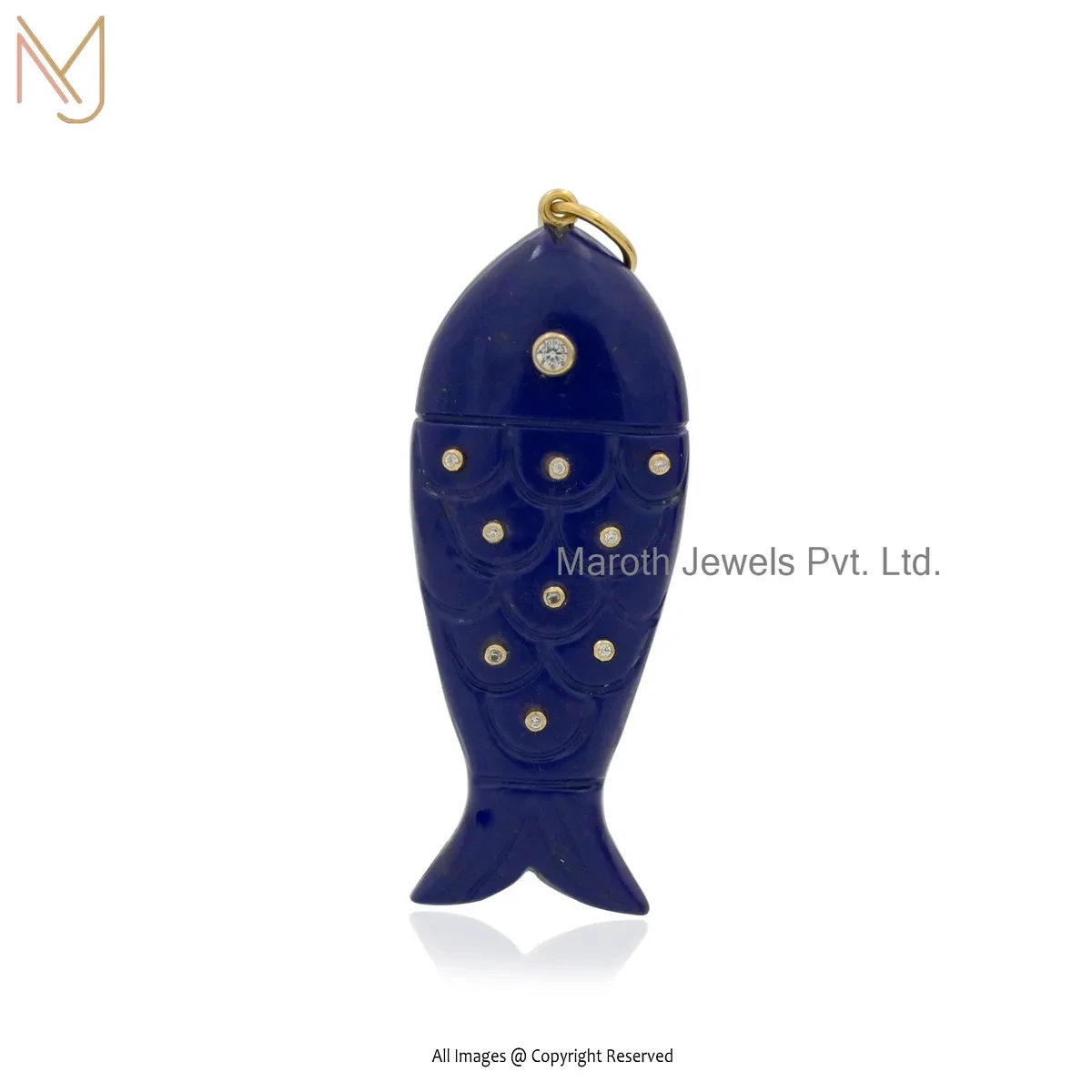 925 Sterling Silver Yellow Gold Plated Lapiz Lazuli And White CZ Fish Pendant USA