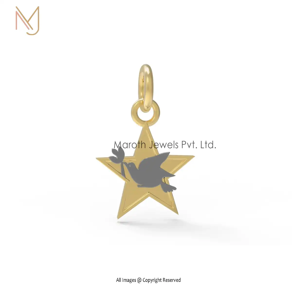 14K Yellow Gold Rhodium Bird Star Pendant Custom Jewelry