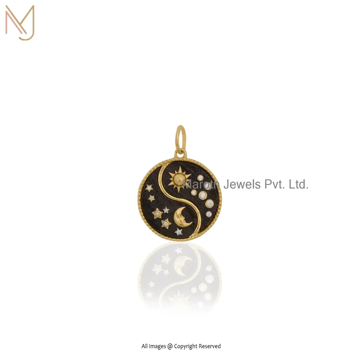 14K Yellow Gold Cubic Zircon & Black Onyx Gemstone Sun Moon Star Disc Charm Pendant USA