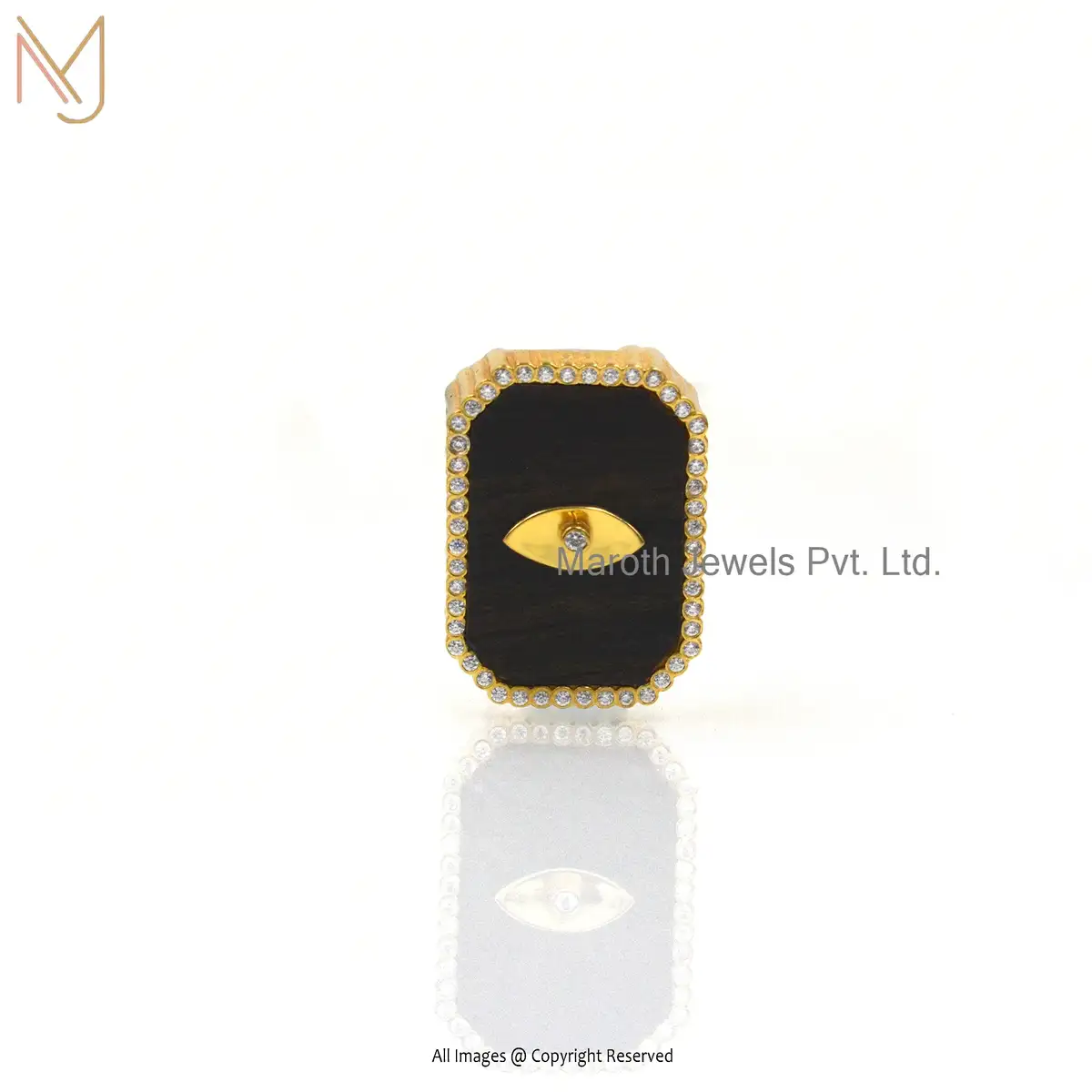 14K Yellow Gold Cubic Zircon Black Enamel Ring Manufacturer