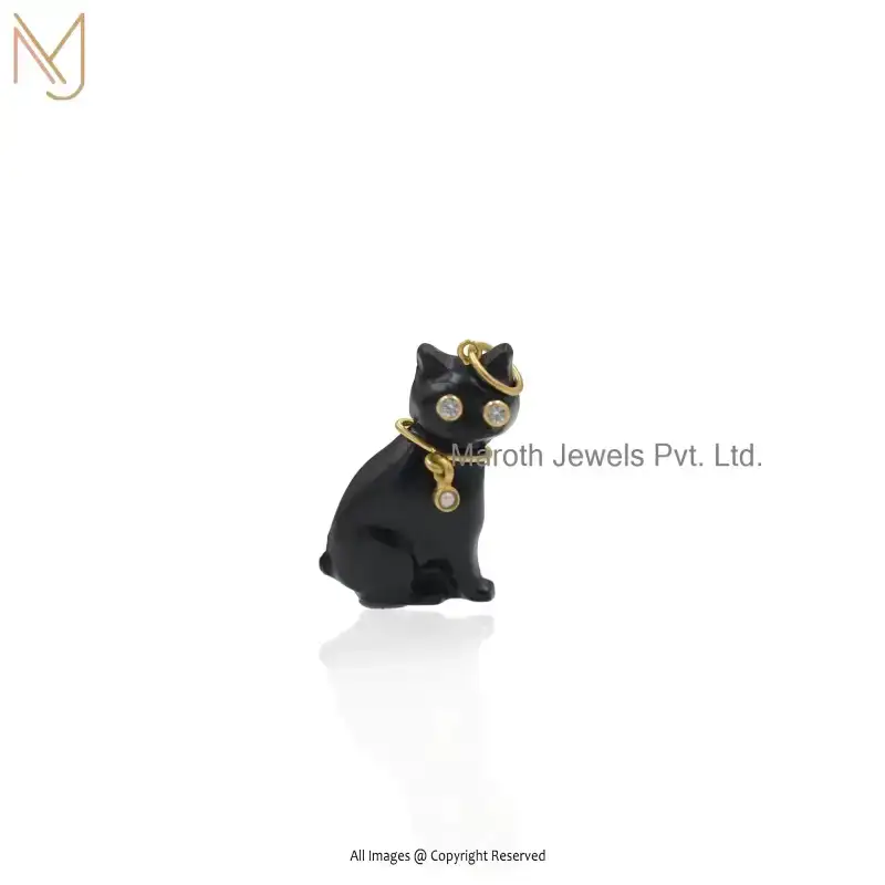Wholesale 14K Yellow Gold Black Onyx & Cubic Zircon Gemstone Carved Cat Pendant