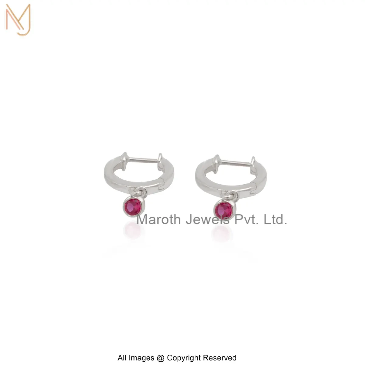 Private Lable 14K Yellow Gold Diamond Pink Sapphire Gemstone Hoop Huggie Earring