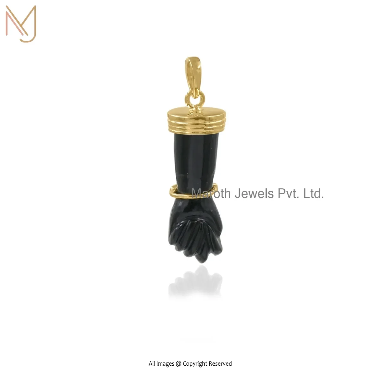 Wholesale 14K Yellow Gold Black Onyx And Green Cubic Zircon Figa Pendant
