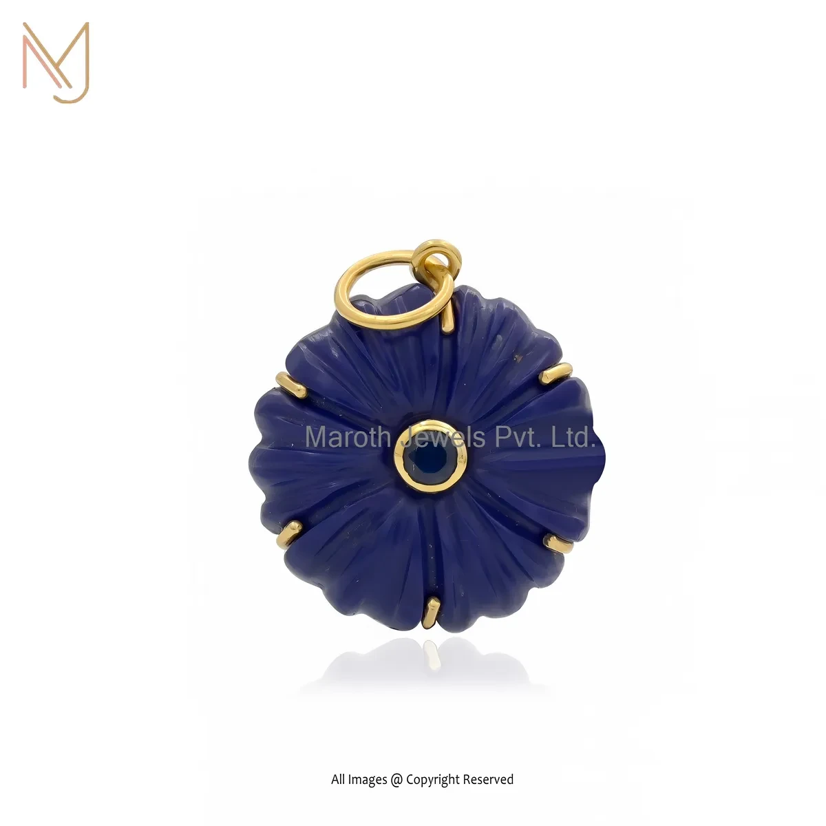 14K Yellow Gold Lapiz Lazuli & Blue Cubic Zircon Flower Pendant Jewelry Supplier