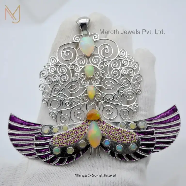 Wholesale 925 Silver Natural Silver Plated Pink Sapphire And Opal Gemstone Brooch Butterfly Pendant
