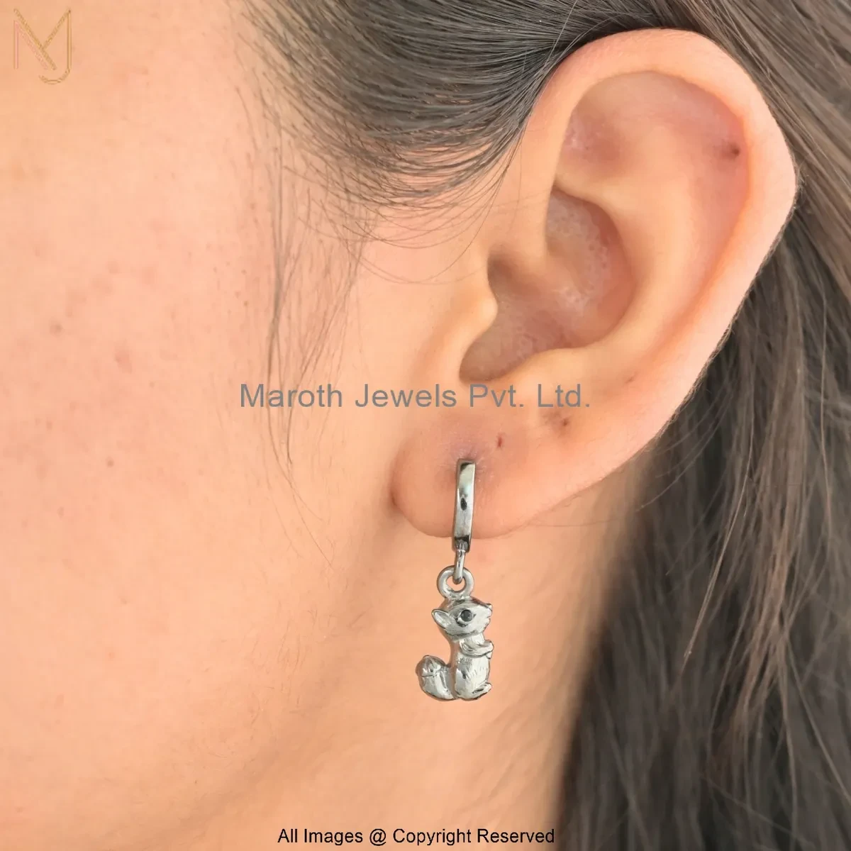 Wholesale 925 Silver Rhodium Plated Black Cubic Zircon Cute Squirrel Charm Hoop Earrings