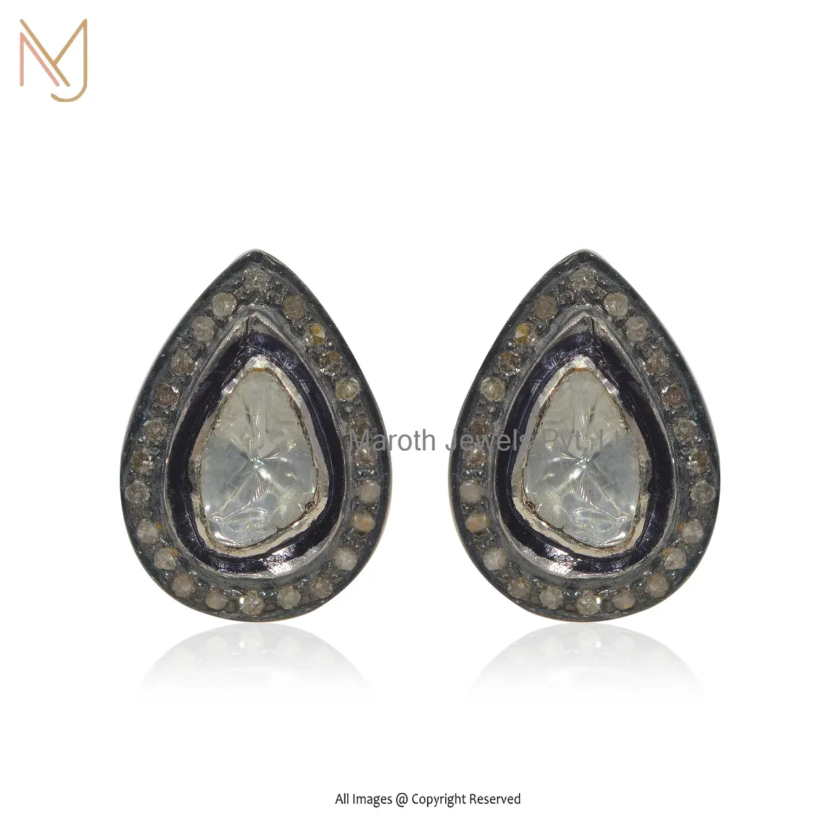 Wholesale 925 Silver Rhodium Yellow Gold Plated Pave Diamond & Polki Rose Cut Diamond Stud Earring