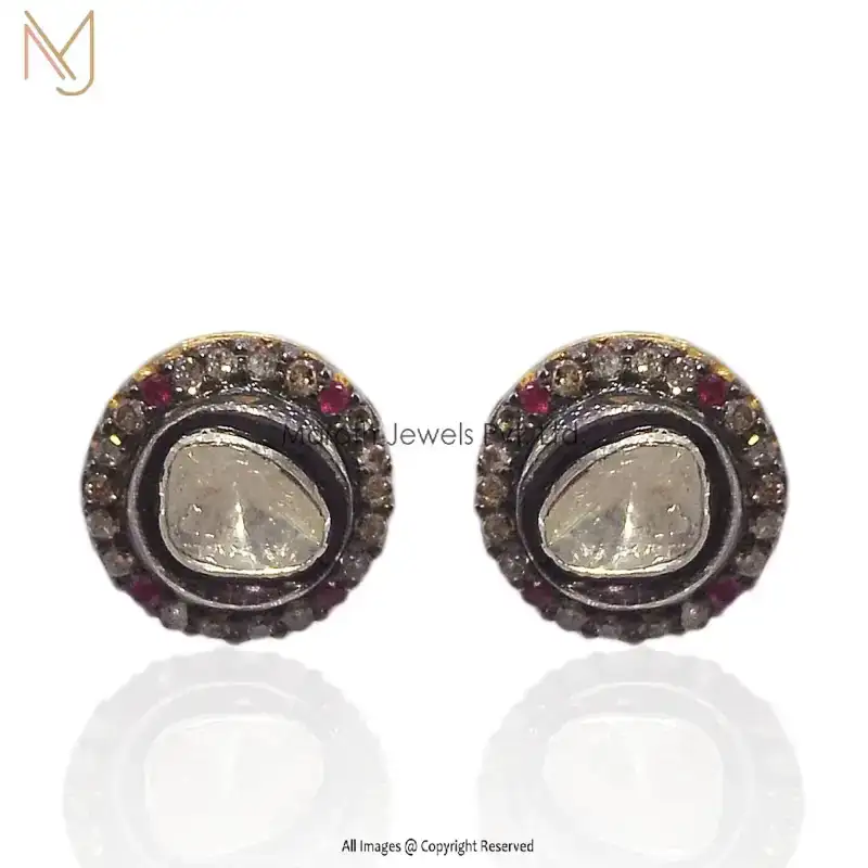 925 Silver Pave Diamond Ruby Gemstone Rose Cut Diamond Round Stud Earring Manufacturer