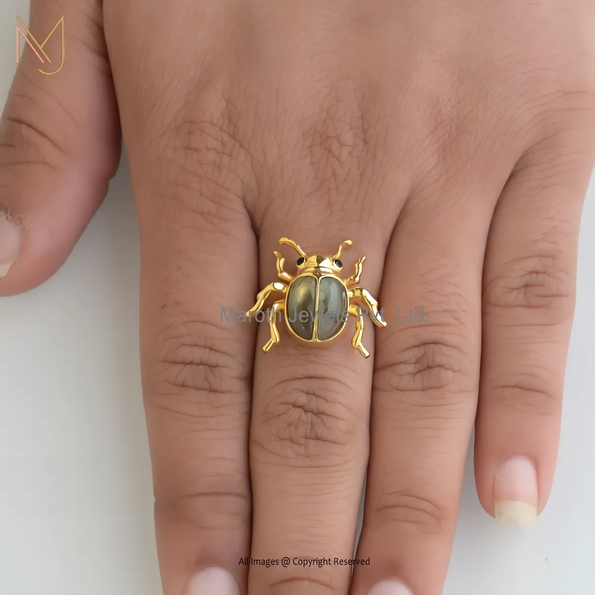 925 Silver Yellow Gold Plated Labradorite And Black Spinel Scarab Ring USA