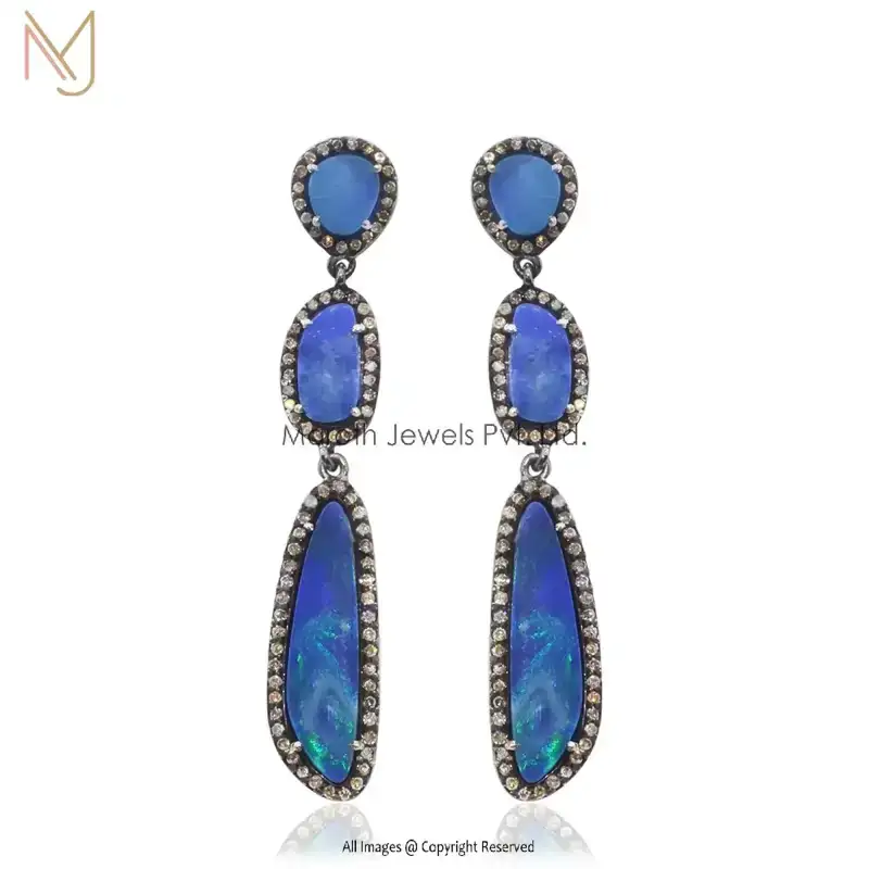 Wholesale 92.5 Sterling Silver Rhodium Plated Blue Opal Gemstone Drop Earings