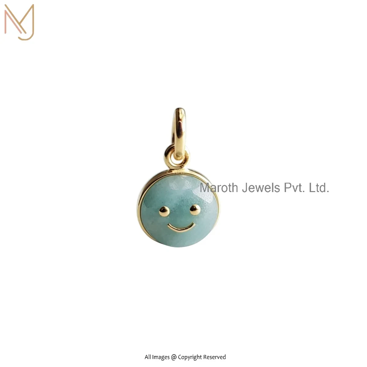14K Yellow Gold Amazonite Gemstone Smiley Face Charm Pendant Jewelry USA