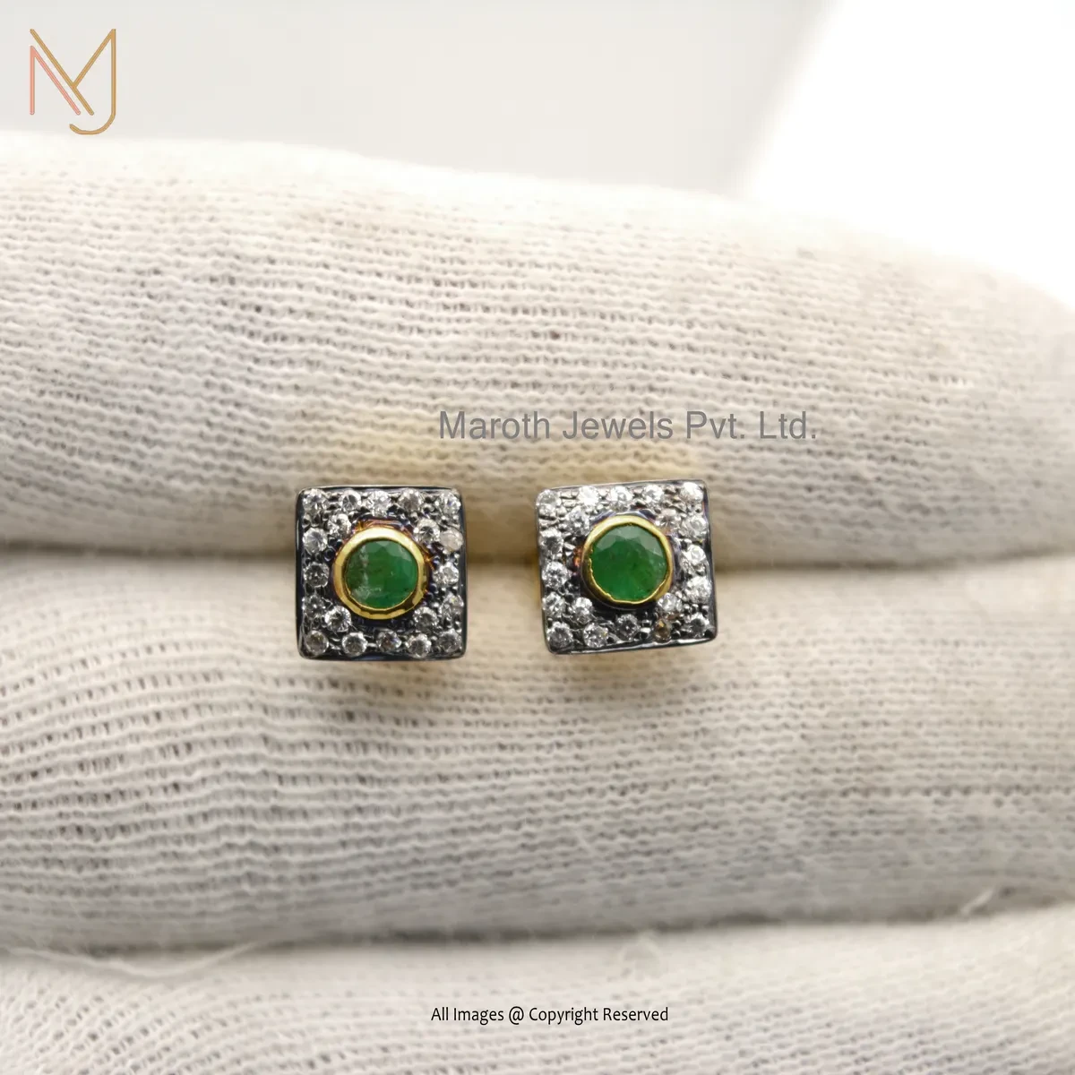 Wholesale 925 Silver Rhodium Yellow Gold Plated Pave Diamond Square Shape Emerald Gemstone Stud Earring