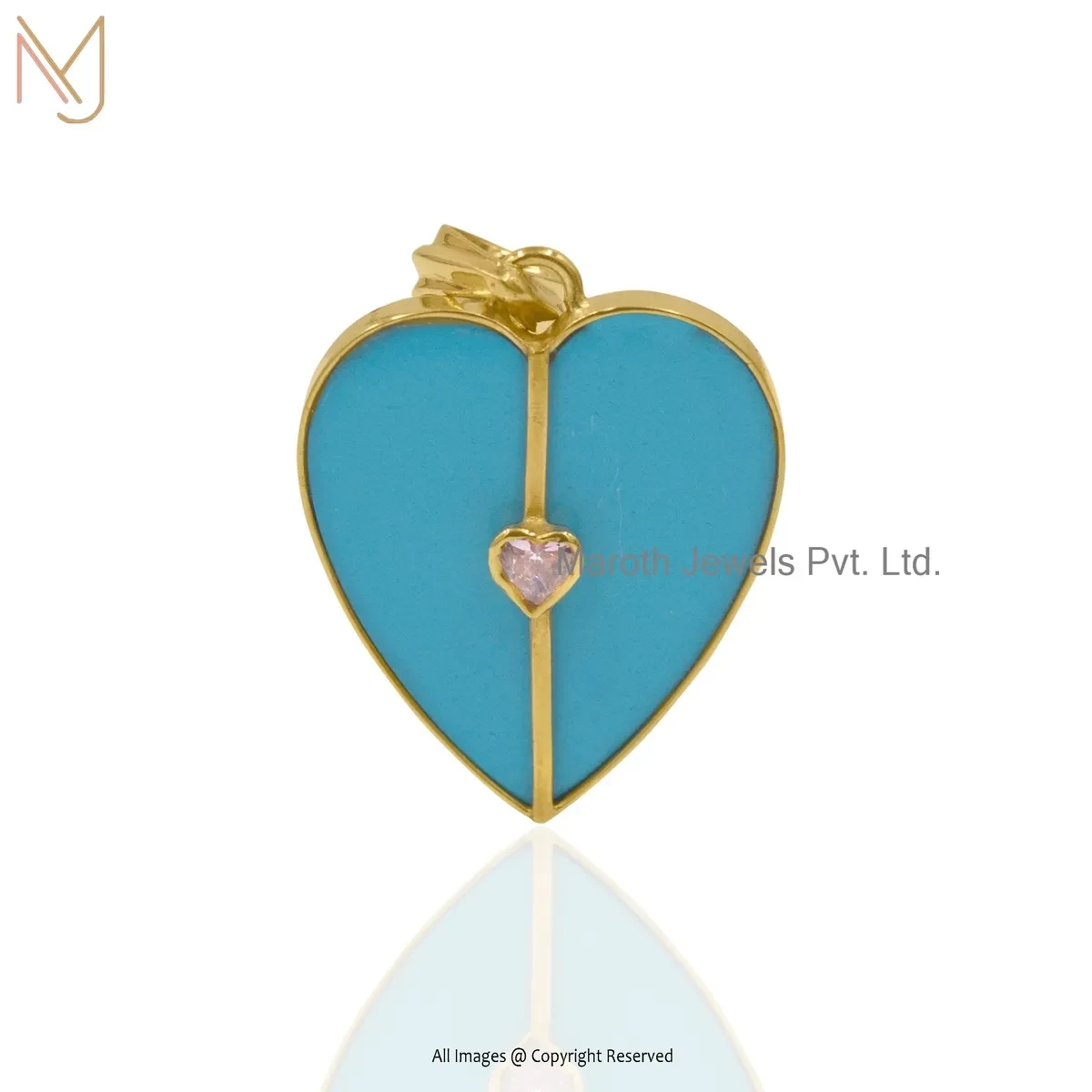 Wholesale 14K Yellow Gold Pink Cubic Zircon & Turquoise Gemstone Split Heart Pendant
