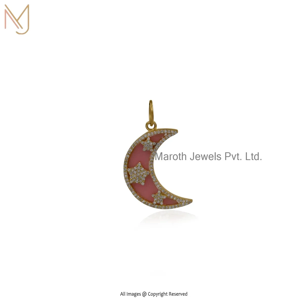 Private Lable 925 Silver Yellow Gold Plated Cubic Zircon & Pink Opal Crescent Half Moon Pendant