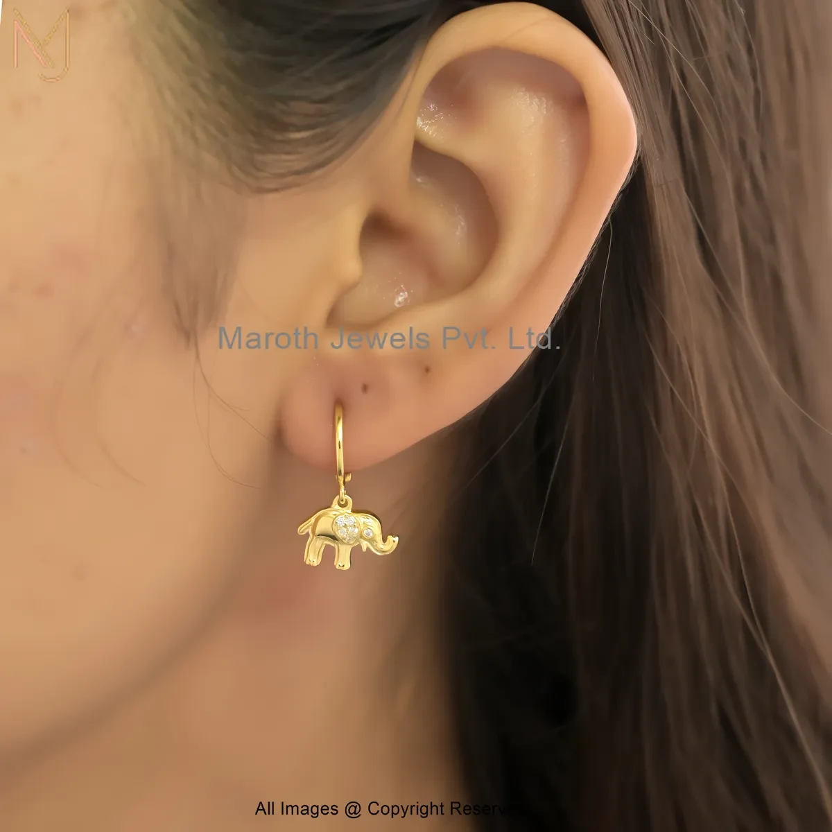 14K Yellow Gold Cubic Zircon Diamond Elephant Hoop Earring Custom Jewelry