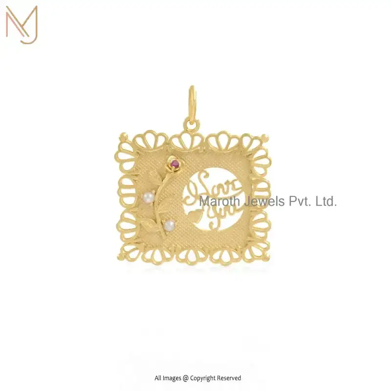 14K Yellow Gold Ruby & Pearl Finished Letter Love Charm Pendant USA