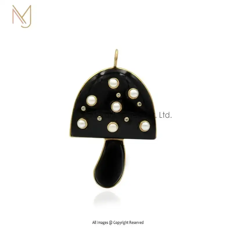 Wholesale 925 Silver Yellow Gold Black Onyx & Pearl & CZ Mushroom Pendant
