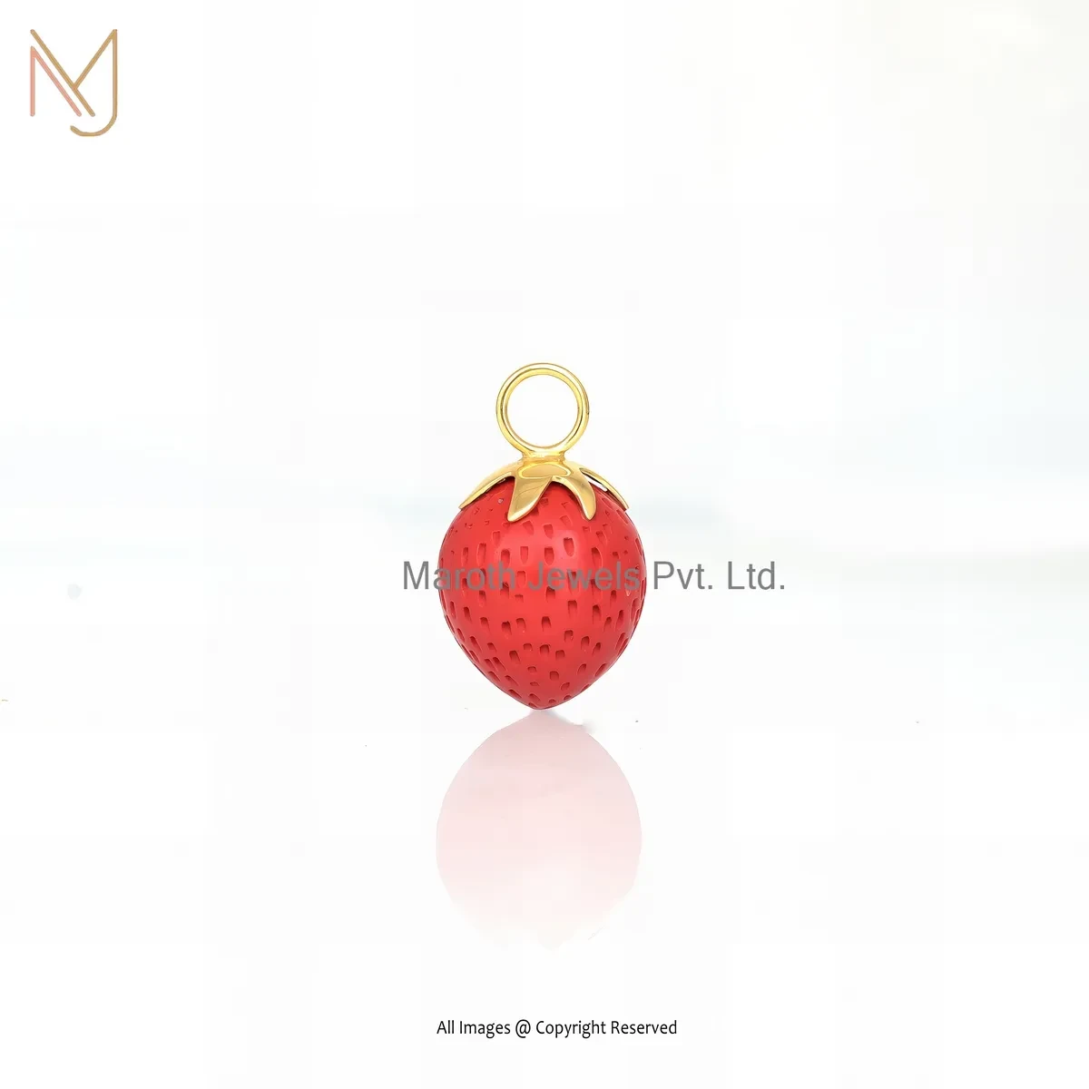Wholesale 925 Silver Yellow Gold Plated Red Coral Gemstone Strawberry Charm Pendant