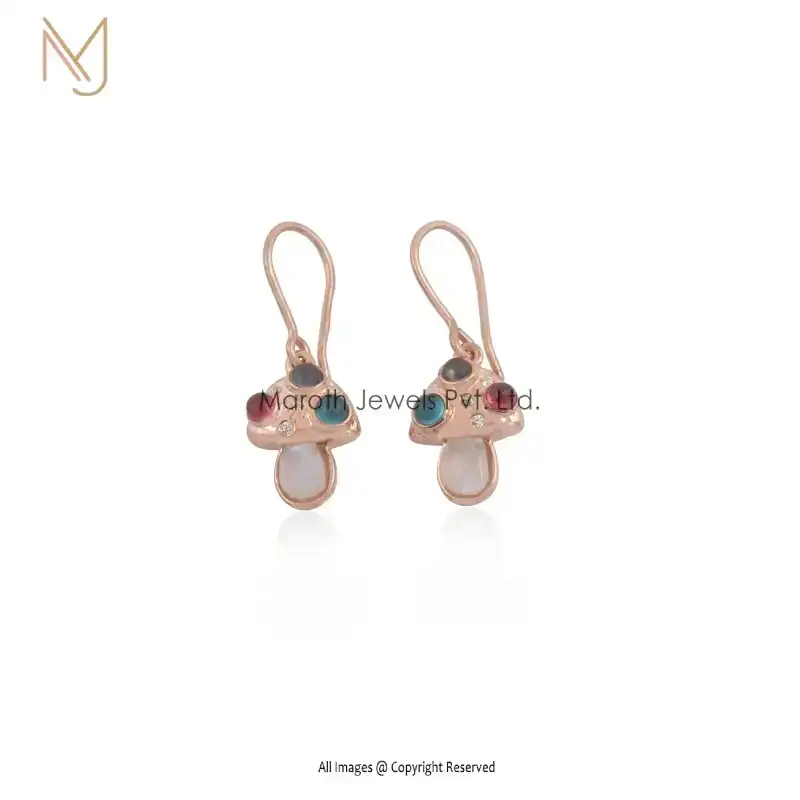 14K Yellow Gold Moonstone Multi Gemstone Mushroom Dangle Earrings Jewelry Supplier