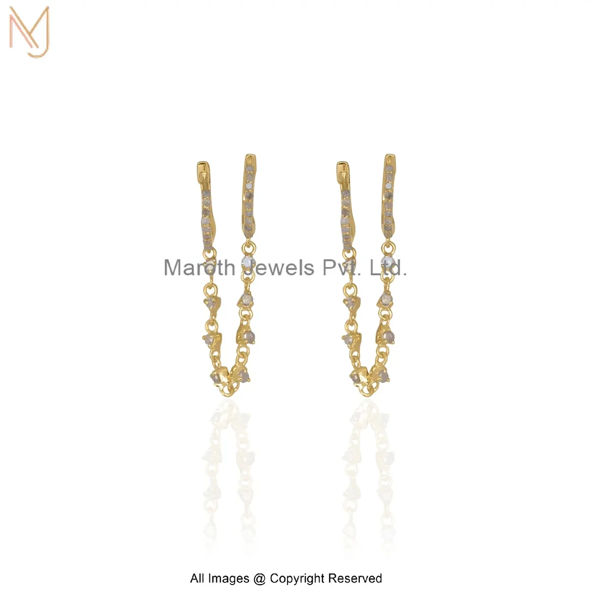 14K Yellow Gold Elegant Diamond Chain Drop Earrings Custom Jewelry
