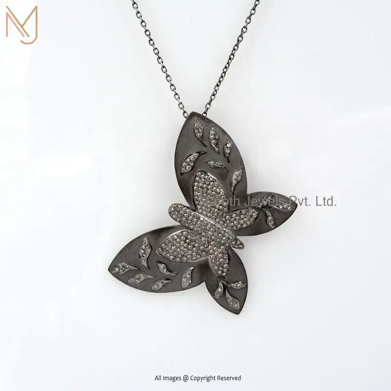 925 Silver Rhodium Plated Pave Diamond Butterfly Pendant Jewelry Supplier