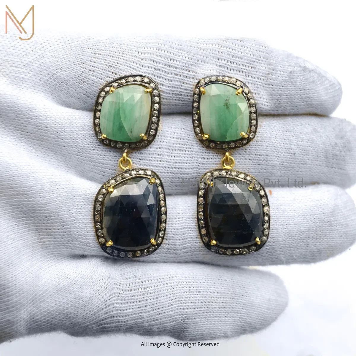 14K Yellow Gold Pave Diamond , Emerald , Blue Sapphire Gemstone Drop Earring USA