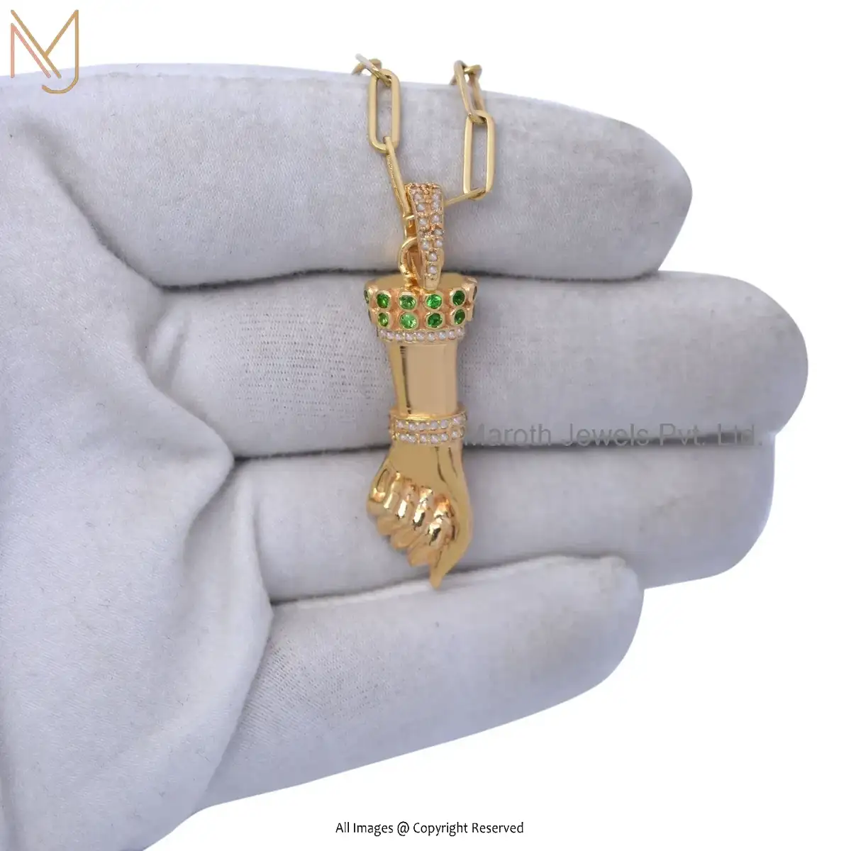 925 Silver Yellow Gold Plated Tsavorite And Diamond Figa Hand Charm Pendant USA