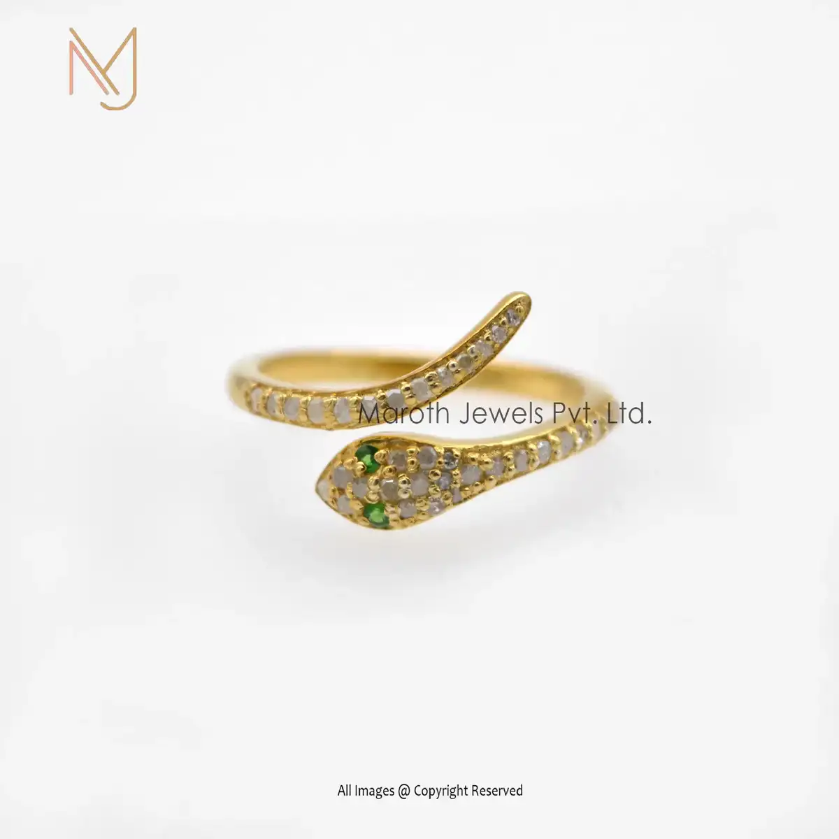 925 Silver Yellow Gold Plated Diamond And Emerald Eyes Snake Ring Jewelry Manufacturer